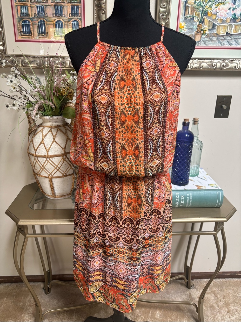 London Times Orange Multi-Print Paisley Halter Midi Dress Boho-Chic Size 8 - Picture 2 of 9